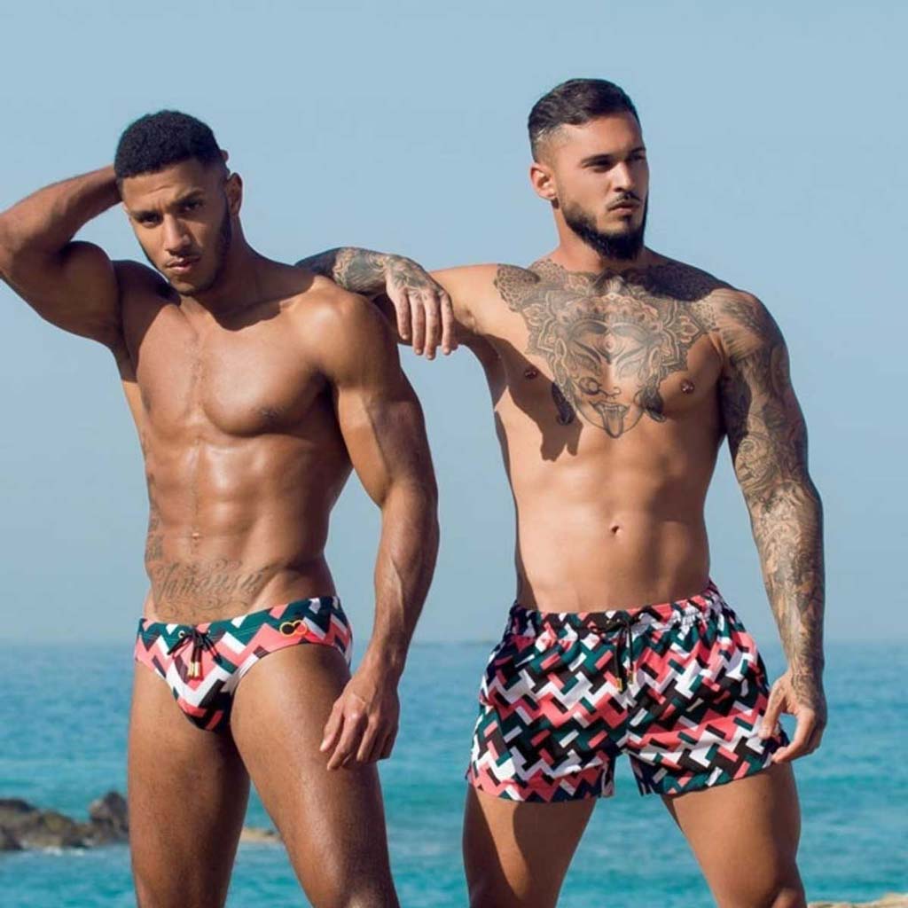 Male Swimwear models wearing 2EROS Swim Trunks and Swim Briefs available at MensUnderwear.io