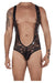 Male underwear model wearing CandyMan Underwear Men's Lace Bodysuit Boy Shorts available at MensUnderwear.io