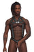 Male underwear model wearing Male Power Underwear Elastic Studded Harness with Ring available at MensUnderwear.io