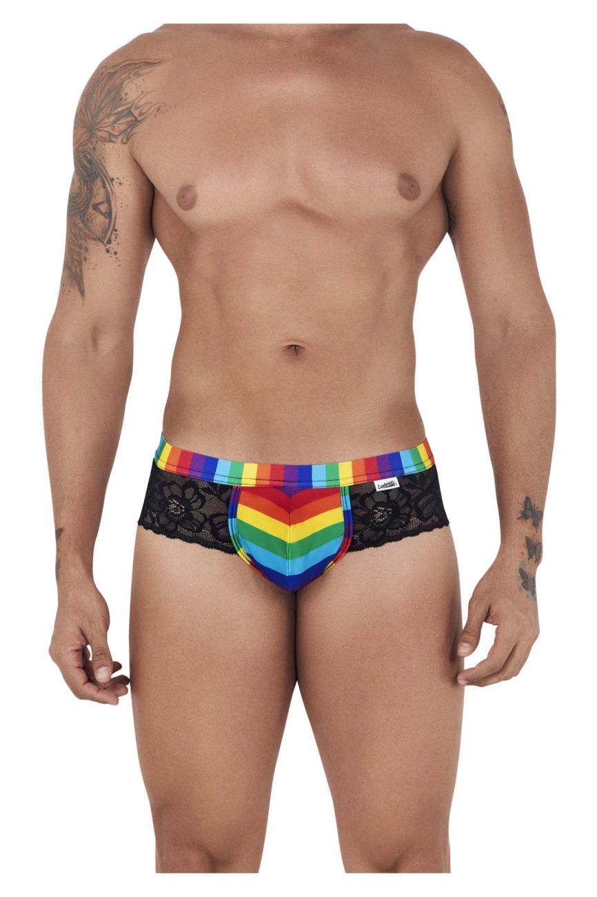 Male underwear model wearing CandyMan Underwear Men's Pride Lace Jockstrap Brief available at MensUnderwear.io