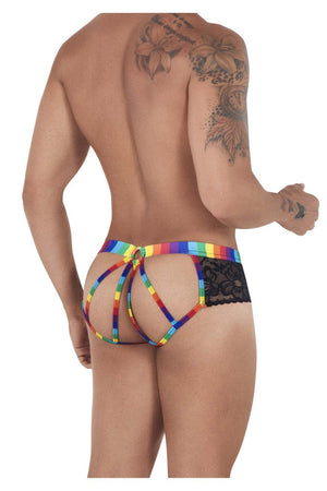 Male underwear model wearing CandyMan Underwear Men's Pride Lace Jockstrap Brief available at MensUnderwear.io