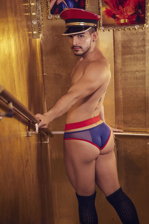 Male underwear model wearing CandyMan Underwear Men's Mesh-Stripes Bikini available at MensUnderwear.io