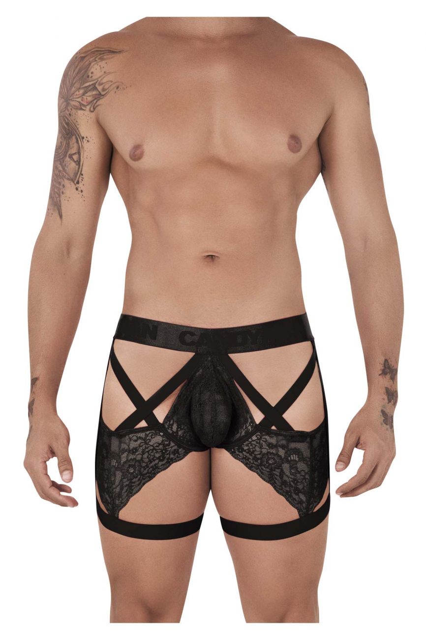 Male underwear model wearing CandyMan Underwear Men's Lace Garter Trunks available at MensUnderwear.io