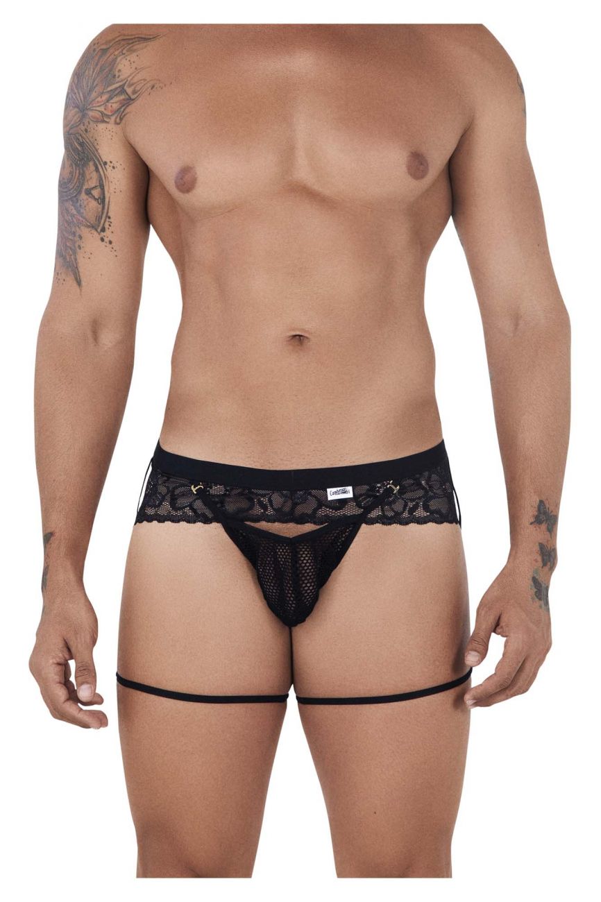 Male underwear model wearing CandyMan Underwear Men's Mesh-Lace Garter Thongs available at MensUnderwear.io