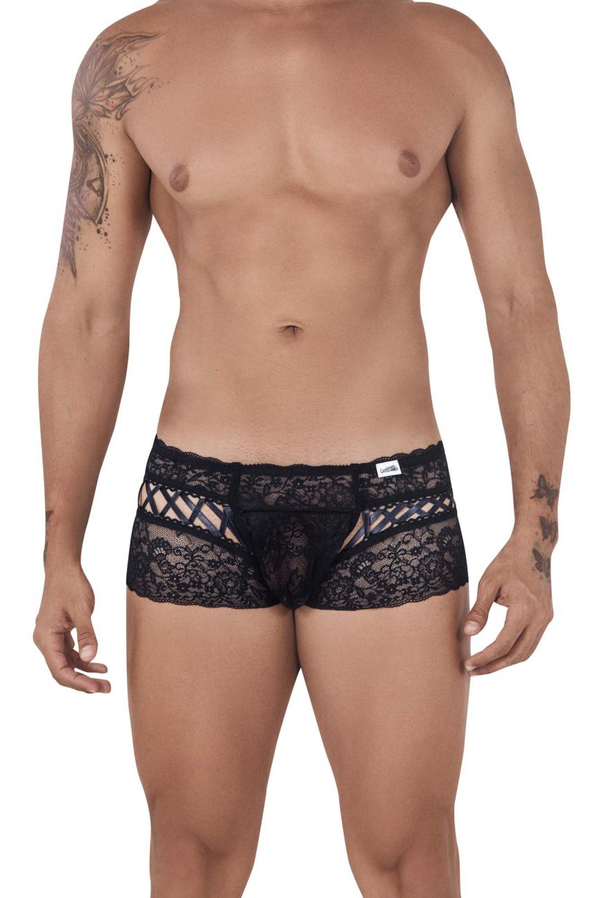Male underwear model wearing CandyMan Underwear Men's Lace-Satin Trunks available at MensUnderwear.io