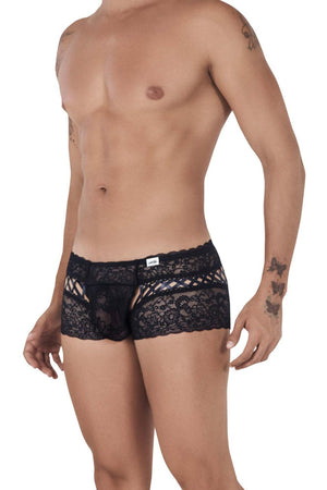 Male underwear model wearing CandyMan Underwear Men's Lace-Satin Trunks available at MensUnderwear.io