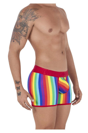 Male underwear model wearing CandyMan Underwear Men's Pride Happy Trunks available at MensUnderwear.io