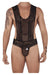 Male underwear model wearing CandyMan Underwear Men's Mesh-Lace Bodysuit Thongs available at MensUnderwear.io