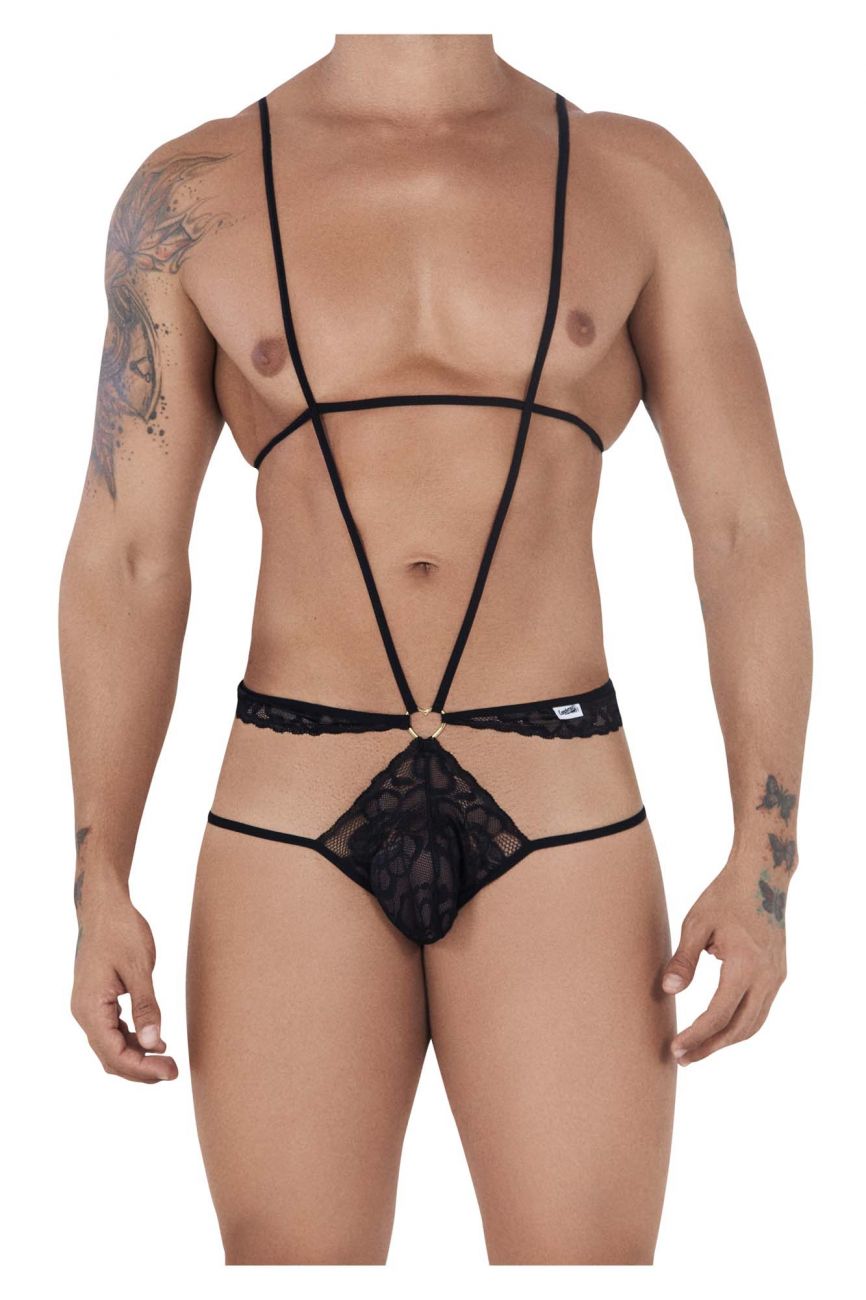 Male underwear model wearing CandyMan Underwear Men's Lace Bodysuit Jockstrap available at MensUnderwear.io