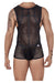 Male underwear model wearing CandyMan Underwear Men's Mesh Bodysuit Trunks available at MensUnderwear.io