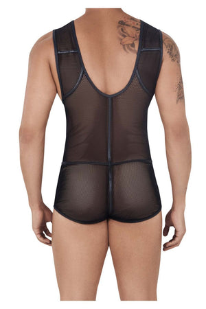 Male underwear model wearing CandyMan Underwear Men's Mesh Bodysuit Trunks available at MensUnderwear.io