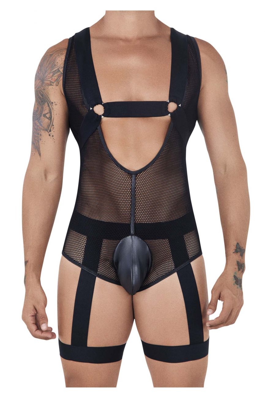 Male underwear model wearing CandyMan Underwear Men's Mesh Garter Bodysuit available at MensUnderwear.io
