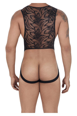 Male underwear model wearing CandyMan Underwear Men's Lace Exposed Butt Bodysuit available at MensUnderwear.io
