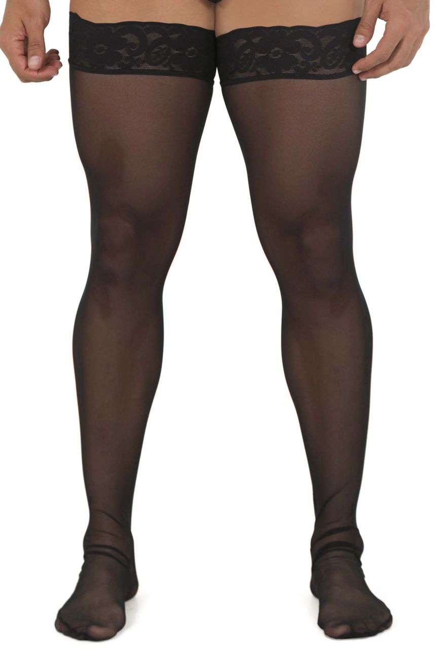 Male underwear model wearing CandyMan Underwear Men's Mesh Thigh High Stockings available at MensUnderwear.io