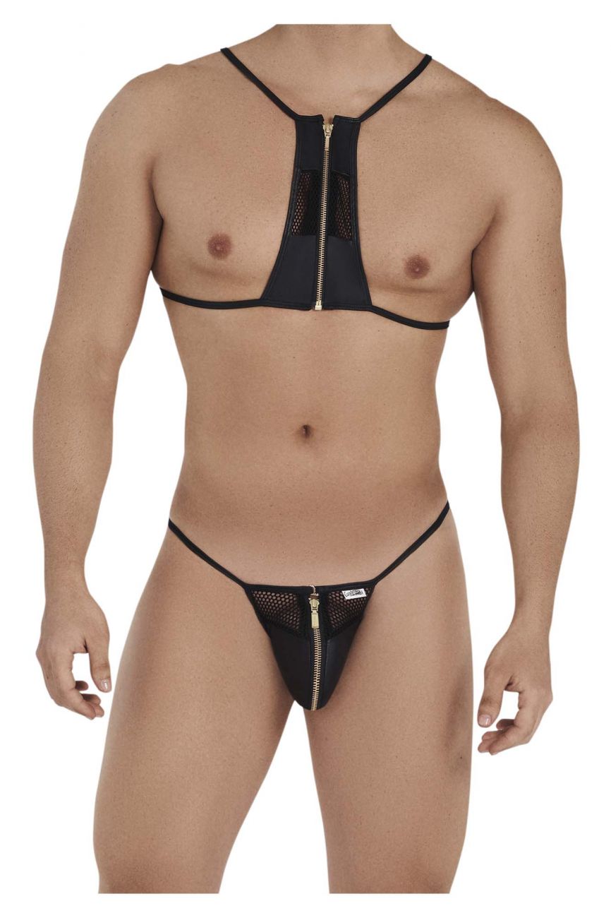 Male underwear model wearing CandyMan Underwear Men's Zipper Bikini-Harness Set available at MensUnderwear.io