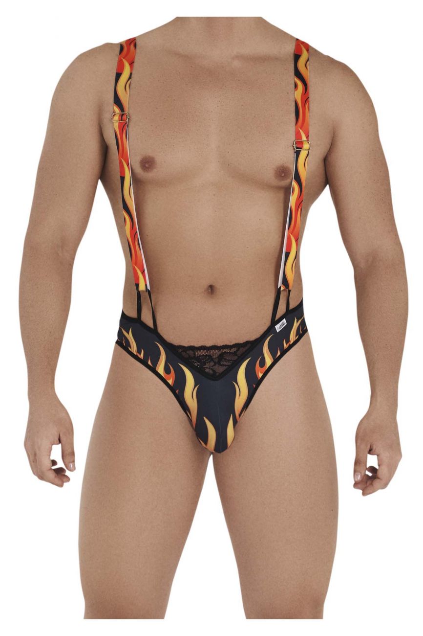 Male underwear model wearing CandyMan Underwear Men's Fire Bodysuit available at MensUnderwear.io