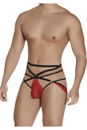 Male underwear model wearing CandyMan Underwear Men's Lace Jockstrap Thongs available at MensUnderwear.io