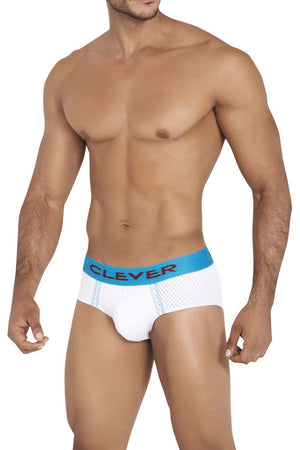 Male underwear model wearing Clever Underwear Requirement Briefs available at MensUnderwear.io