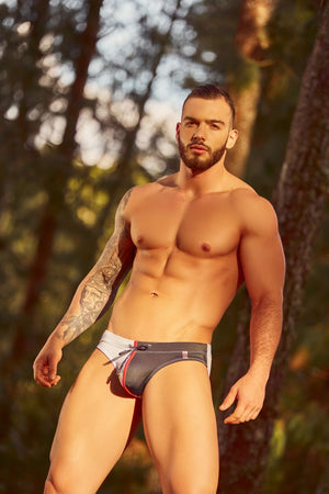 Male underwear model wearing JOR Swimwear Niagara Swim Briefs available at MensUnderwear.io