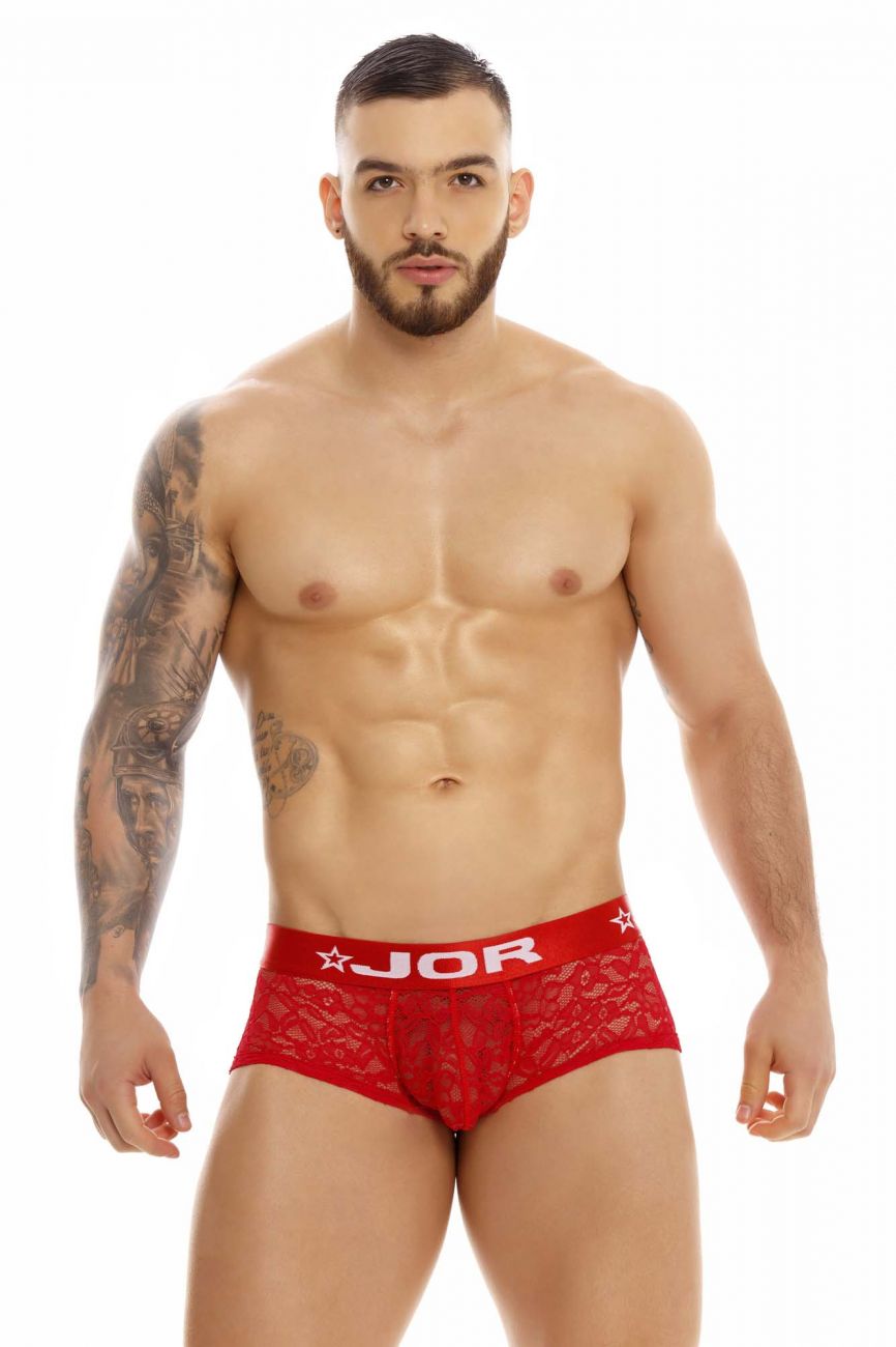 Male underwear model wearing JOR Underwear Romance Lace Trunks available at MensUnderwear.io