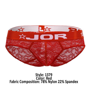 Male underwear model wearing JOR Underwear Romance Lace Briefs available at MensUnderwear.io