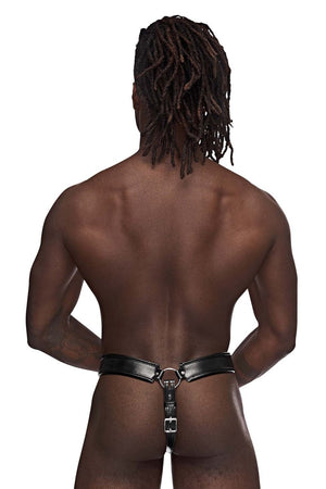 Male underwear model wearing Male Power Underwear Leather Taurs Thongs available at MensUnderwear.io