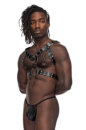 Male underwear model wearing Male Power Underwear Leather Gemini Harness available at MensUnderwear.io