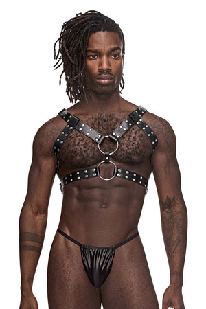 Male underwear model wearing Male Power Underwear Leather Gemini Harness available at MensUnderwear.io