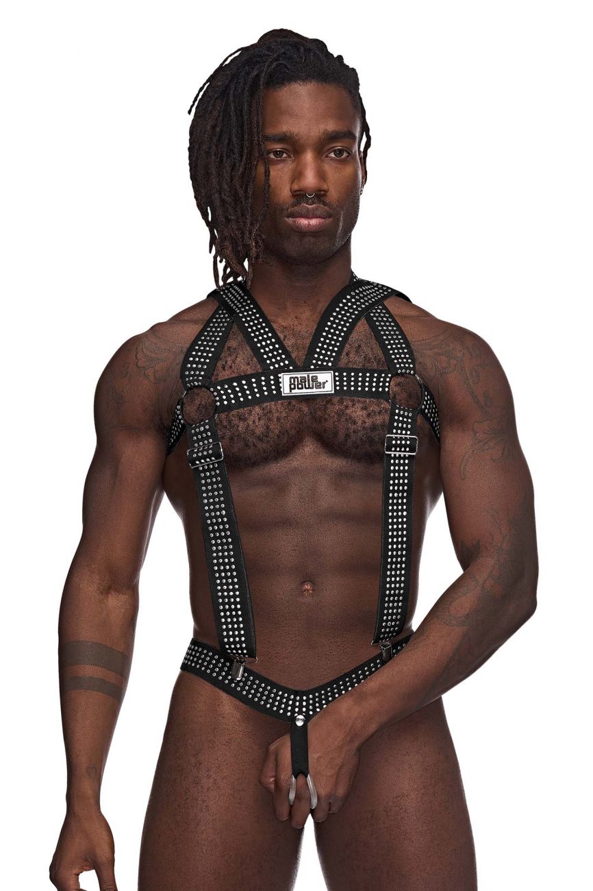 Male underwear model wearing Male Power Underwear Elastic Studded Harness with Ring available at MensUnderwear.io