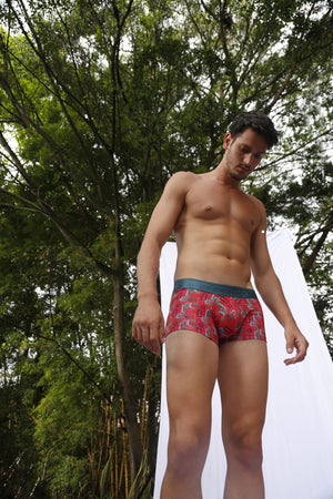 Male underwear model wearing Mundo Unico Scheme Trunks available at MensUnderwear.io