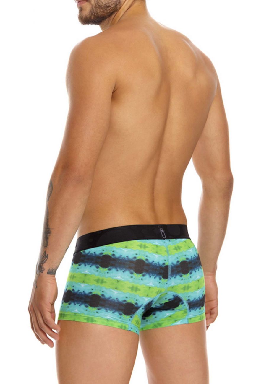 Male underwear model wearing Mundo Unico Azure Trunks available at MensUnderwear.io