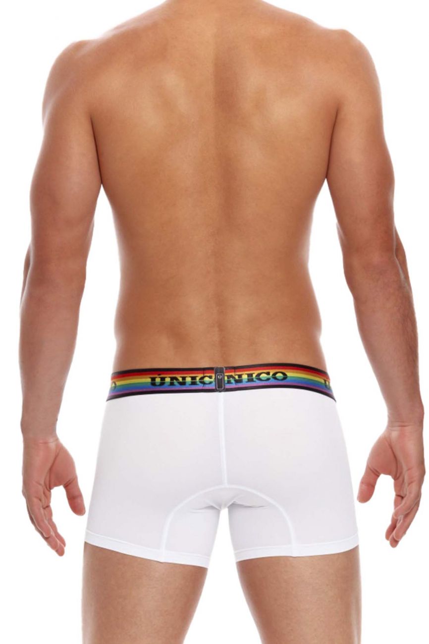Male underwear model wearing Mundo Unico Love Wins Trunks available at MensUnderwear.io